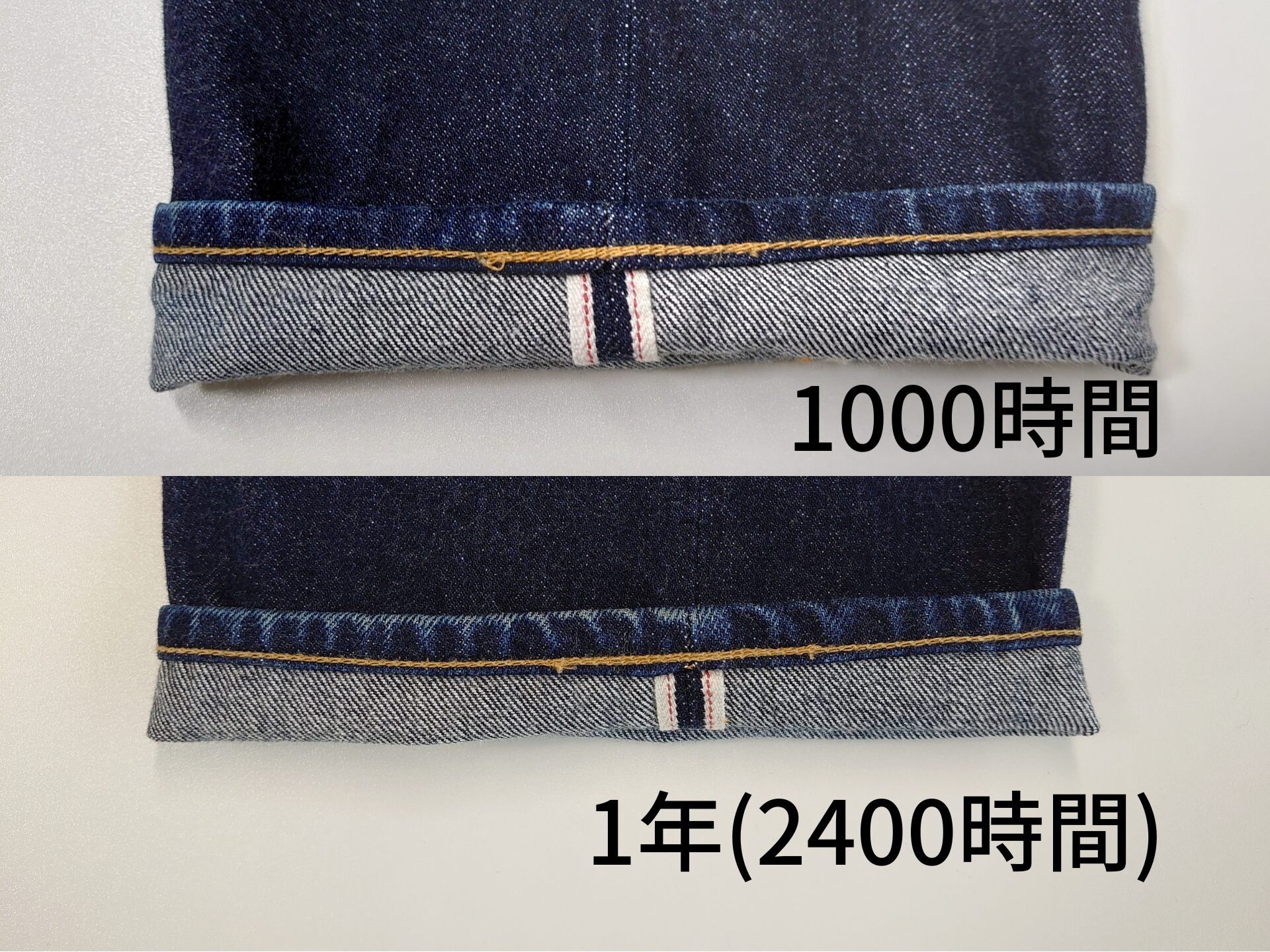 1000時間と1年の裾のパッカリング比較